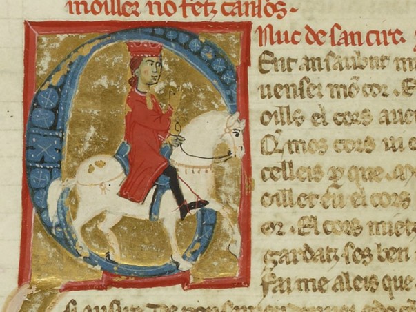 Uc de Saint Circ, miniatura, ms 854 Uc su di un cavallo bianco, ms 854, fol 127 BnF