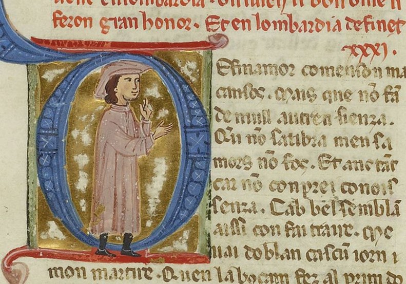 Aimeric de Pegulhan all'interno di un capolettera miniato. Ms. 854 fol. 50v, Bibliothèque nationale de France di Parigi, XIII sec. Aimeric de Pegulhan all'interno di un capolettera miniato. Ms. 854 fol. 50v, Bibliothèque nationale de France di Parigi, XIII sec.